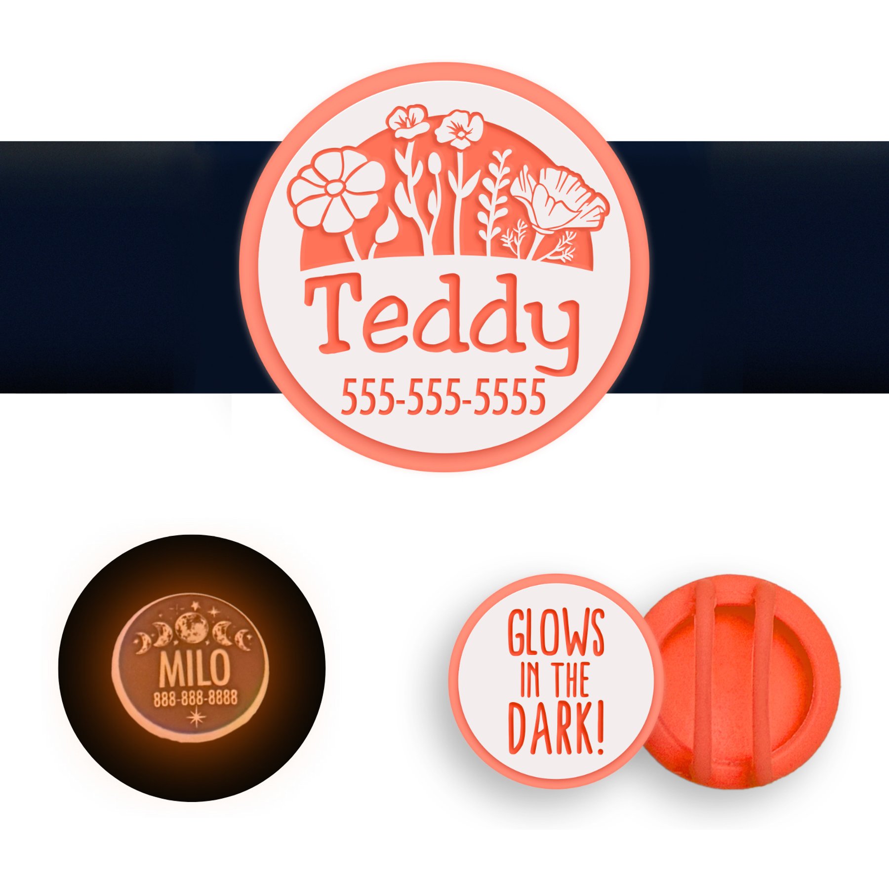 Besties Glow in the Dark Superbloom Slide-On AirTag Holder Jingle-Free Silicone Personalized Dog & Cat ID Tag, Glow Orange