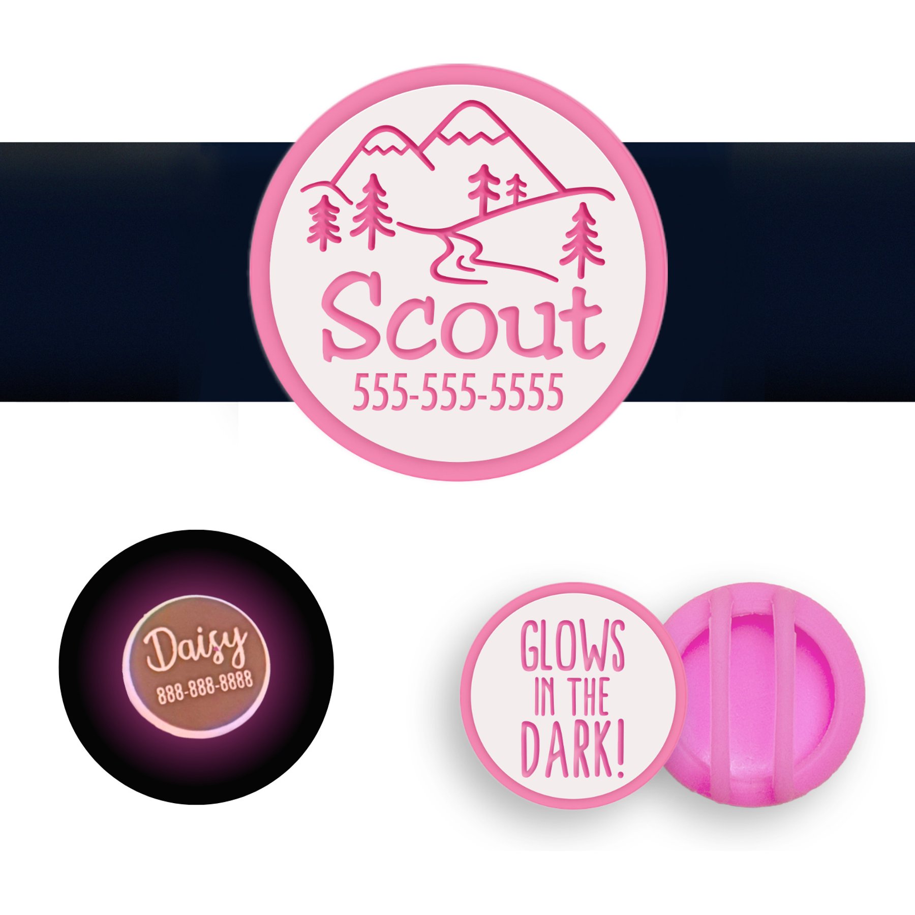Besties Glow in the Dark Mountain Adventure Slide-On AirTag Holder Jingle-Free Silicone Personalized Dog & Cat ID Tag, Glow Pink