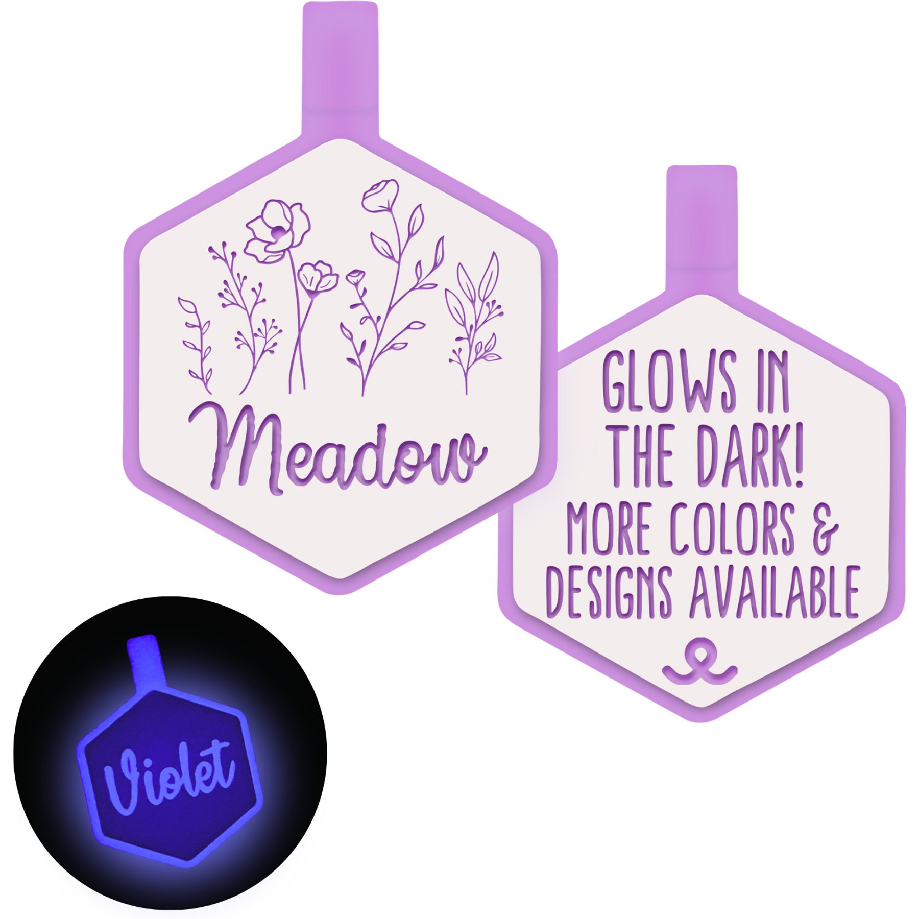 Besties Glow in the Dark Wildflowers Jingle-Free Silicone Personalized Dog ID Tag, Glow Purple