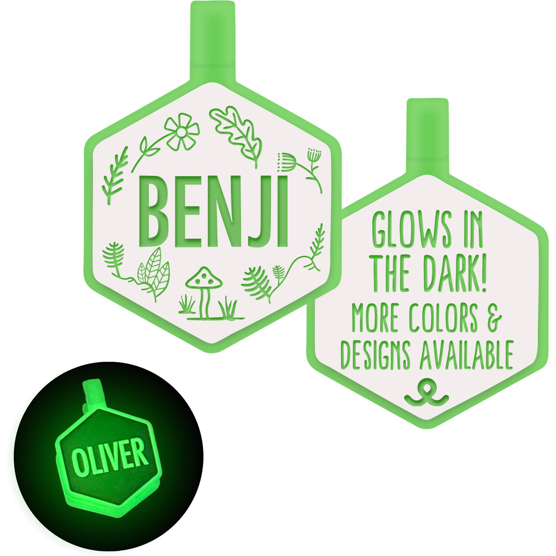 Besties Glow in the Dark Woodland Jingle-Free Silicone Personalized Dog ID Tag, Glow Green