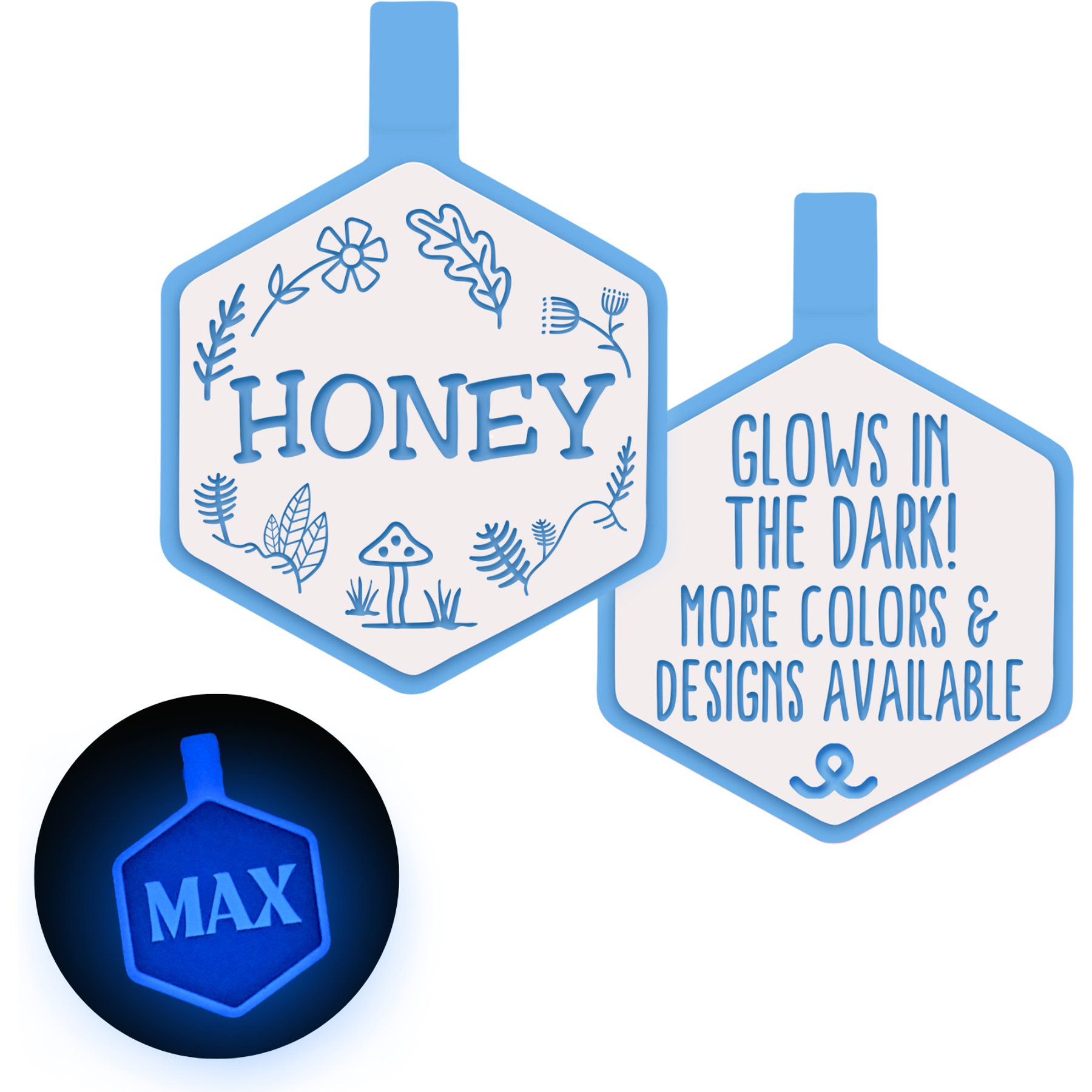 Besties Glow in the Dark Woodland Jingle-Free Silicone Personalized Dog ID Tag, Glow Blue