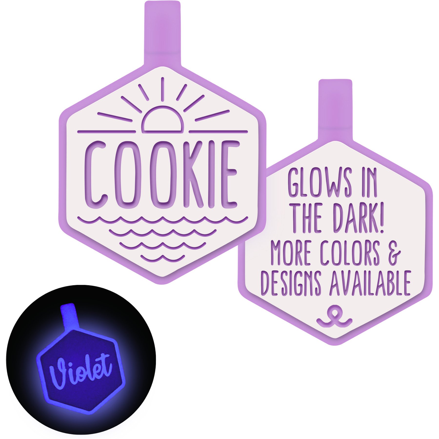 Besties Glow in the Dark Salt & Sun Jingle-Free Silicone Personalized Dog ID Tag, Glow Purple