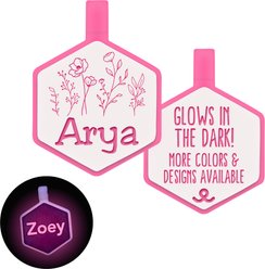 Besties Glow in the Dark Wildflowers Jingle-Free Silicone Personalized Dog ID Tag, Glow Pink