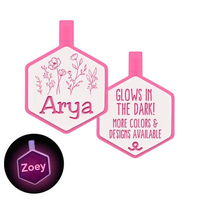 Show full view: Besties Glow in the Dark Wildflowers Jingle-Free Silicone Personalized Dog ID Tag, Glow Pink slide 1 of 9