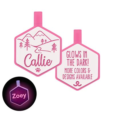 Show full view: Besties Glow in the Dark Mountain Adventure Jingle-Free Silicone Personalized Dog ID Tag, Glow Pink slide 1 of 10
