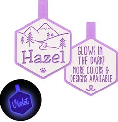 Besties Glow in the Dark Mountain Adventure Jingle-Free Silicone Personalized Dog ID Tag, Glow Purple