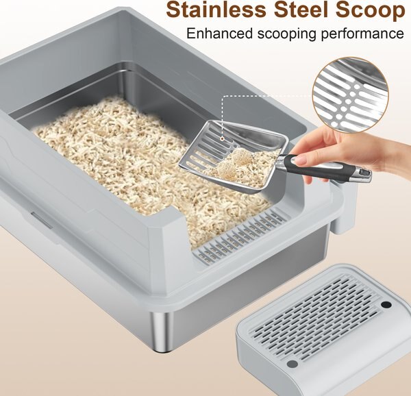 Casfuy Stainless Steel High Sided Enclosed Cat Litter Box with Step & Metal Scooper, XX-Large