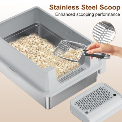 Show full view: Casfuy Stainless Steel High Sided Enclosed Cat Litter Box with Step & Metal Scooper, XX-Large slide 8 of 9
