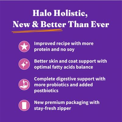 Show full view: Halo Holistic Complete Digestive Health Grain-Free Turkey & Sweet Potato Dog Food Recipe Adult Dry Dog Food, 21-lb bag slide 7 of 13