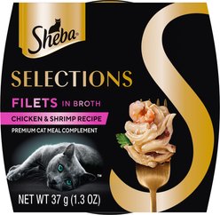 Sheba Selections Filets in Broth Chicken & Shrimp Recipe Grain-Free Cat Meal Complement, 1.3-oz tray, case of 12