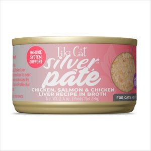 Tiki Cat Silver Chicken, Salmon & Chicken Liver Recipe Grain-Free Pate in Broth Wet Cat Food, 2.4-oz can, case of 12