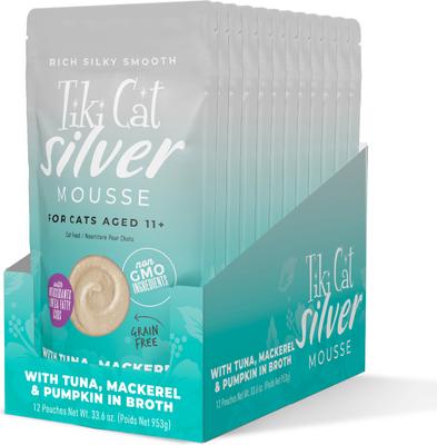 Show full view: Tiki Cat Silver Mousse Tuna, Mackerel & Pumpkin Grain-Free Pate in Broth Wet Cat Food, 2.8-oz pouch, case of 12 slide 3 of 10