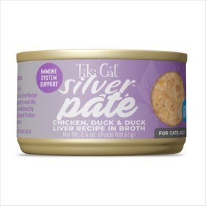 Tiki Cat Silver Chicken, Duck & Duck Liver Recipe Grain-Free Pate in Broth Wet Cat Food, 2.4-oz can, case of 12