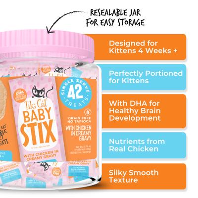 Show full view: Tiki Cat Baby Stix Chicken In Creamy Gravy Lickable Kitten Treat, 11.76-oz jar, 42 slide 7 of 11