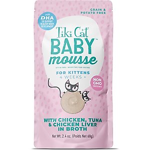 Tiki Cat Baby Mousse Chicken, Tuna & Chicken Liver Grain-Free Wet Kitten Food, 2.4-oz pouch, case of 12
