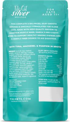 Show full view: Tiki Cat Silver Mousse Tuna, Mackerel & Pumpkin Grain-Free Pate in Broth Wet Cat Food, 2.8-oz pouch, case of 12 slide 4 of 10