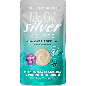 Tiki Cat Silver Mousse Tuna, Mackerel & Pumpkin Grain-Free Pate in Broth Wet Cat Food, 2.8-oz pouch, case of 12