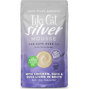 Tiki Cat Silver Mousse Chicken, Duck & Duck Liver Grain-Free Pate in Broth Wet Cat Food, 2.8-oz pouch, case of 12