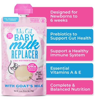 Show full view: Tiki Cat Baby Milk Replacer Goat Milk Wet Kitten Food, 6-oz pouch, case of 6 slide 7 of 11