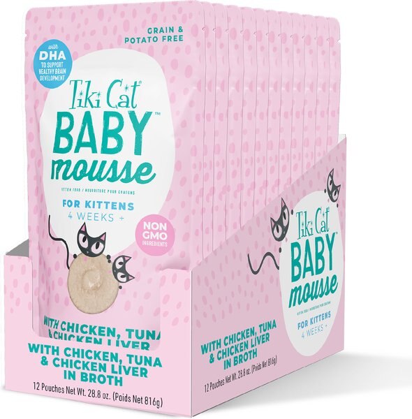 Tiki Cat Baby Mousse Chicken, Tuna & Chicken Liver Grain-Free Wet Kitten Food, 2.4-oz pouch, case of 12