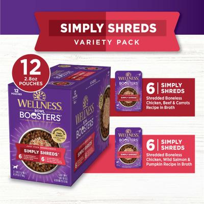 Show full view: Wellness Bowl Boosters Simply Shreds Variety Pack Dog Food Topping, 2.8-oz pouch, 12 count slide 3 of 12