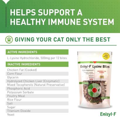 Show full view: Vetoquinol Enisyl-F Lysine Bites Chicken & Liver Flavored Immune Supplement for Cats, 6.35-oz bag slide 3 of 11