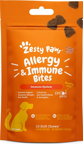 Show full view: Zesty Paws Allergy & Immune Bites Allergies, Immune, & Gut Support Peanut Butter Flavored Soft Chews Supplement for Dogs, 10 count slide 1 of 11