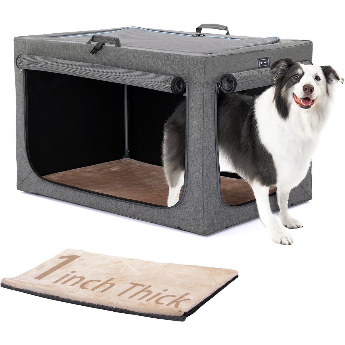 Petsfit Three Door Collapsible Soft Sided Dog & Cat Crate, Grey, 36 inch