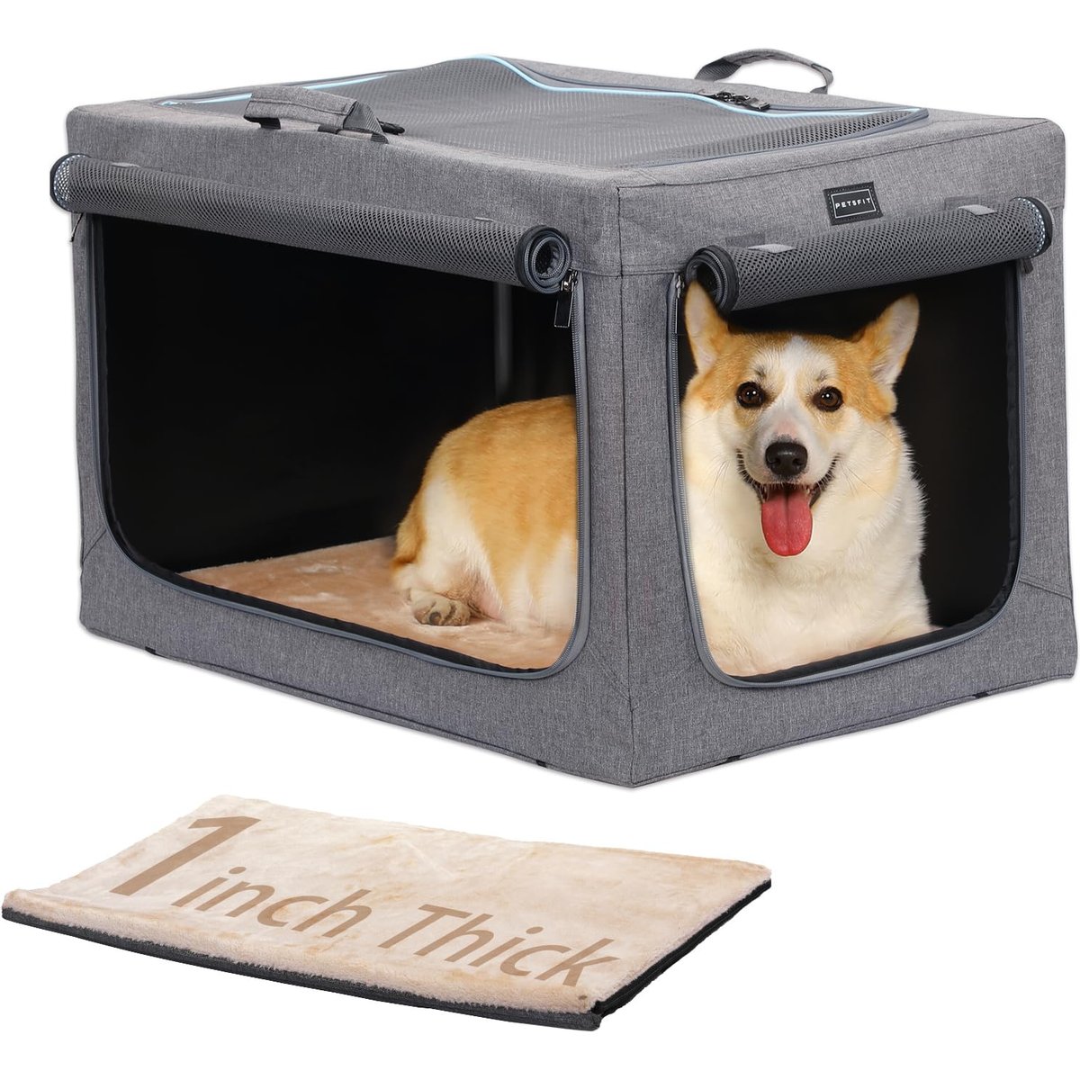 Petsfit Three Door Collapsible Soft Sided Dog & Cat Crate, Grey, 30 inch