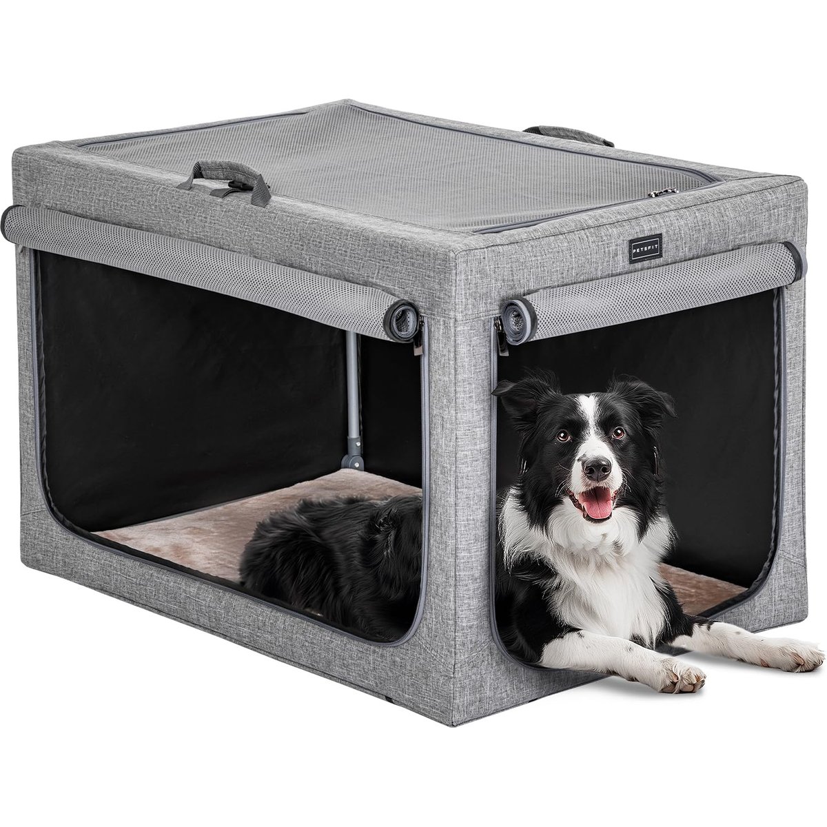 Petsfit Three Door Collapsible Soft Sided Dog & Cat Crate, Gray, 36 inch