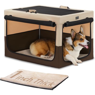 Petsfit Petsfit Three Door Collapsible Soft Sided Dog & Cat Crate, Brown, 30 inch