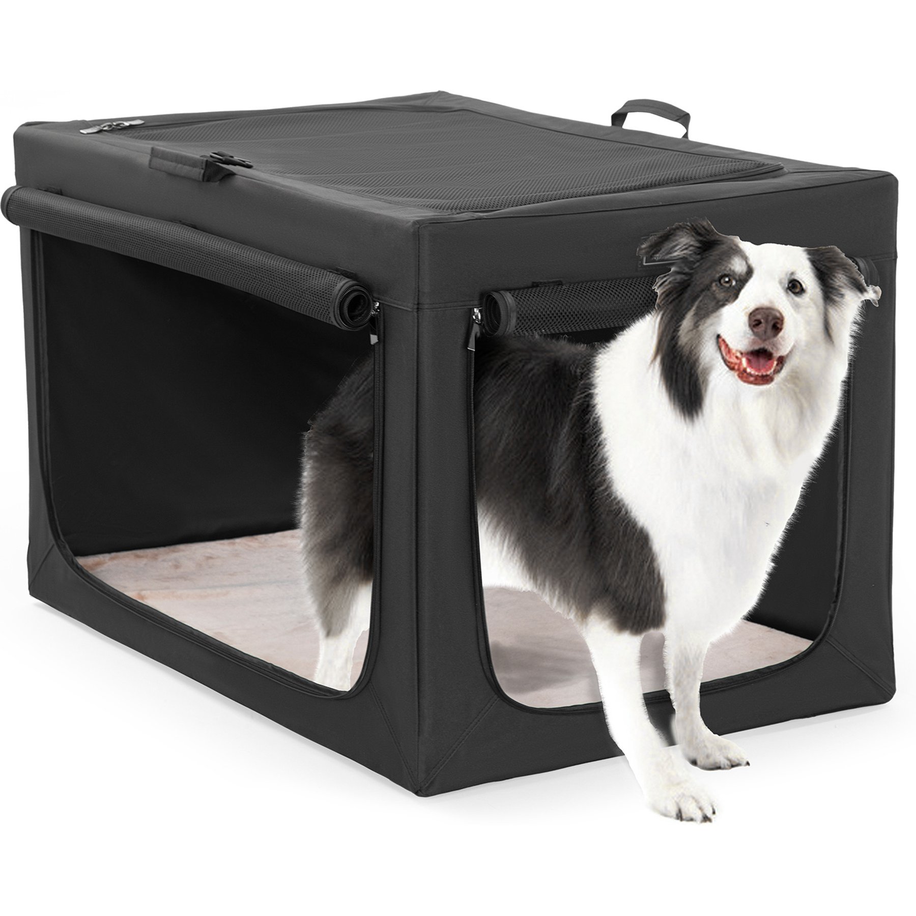 Petsfit Three Door Collapsible Soft Sided Dog & Cat Crate, Black, 36 inch