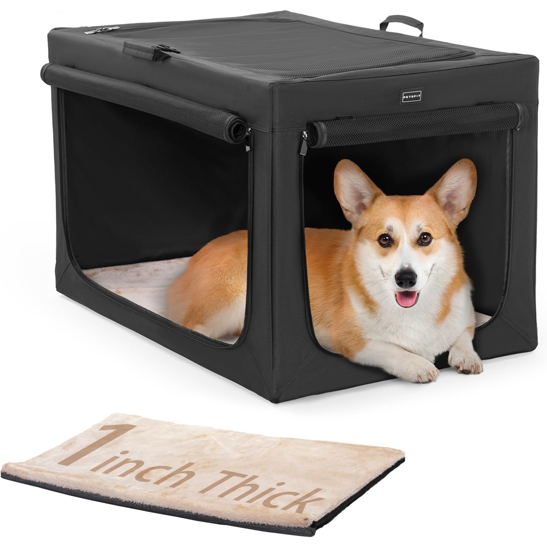Petsfit Three Door Collapsible Soft Sided Dog & Cat Crate, Black, 30 inch