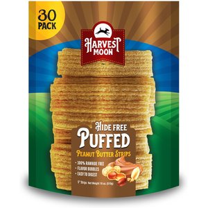 Harvest Moon Hide Free 5-inch Peanut Butter Puffed Strips Dog Hard Chew Treats, 30 count