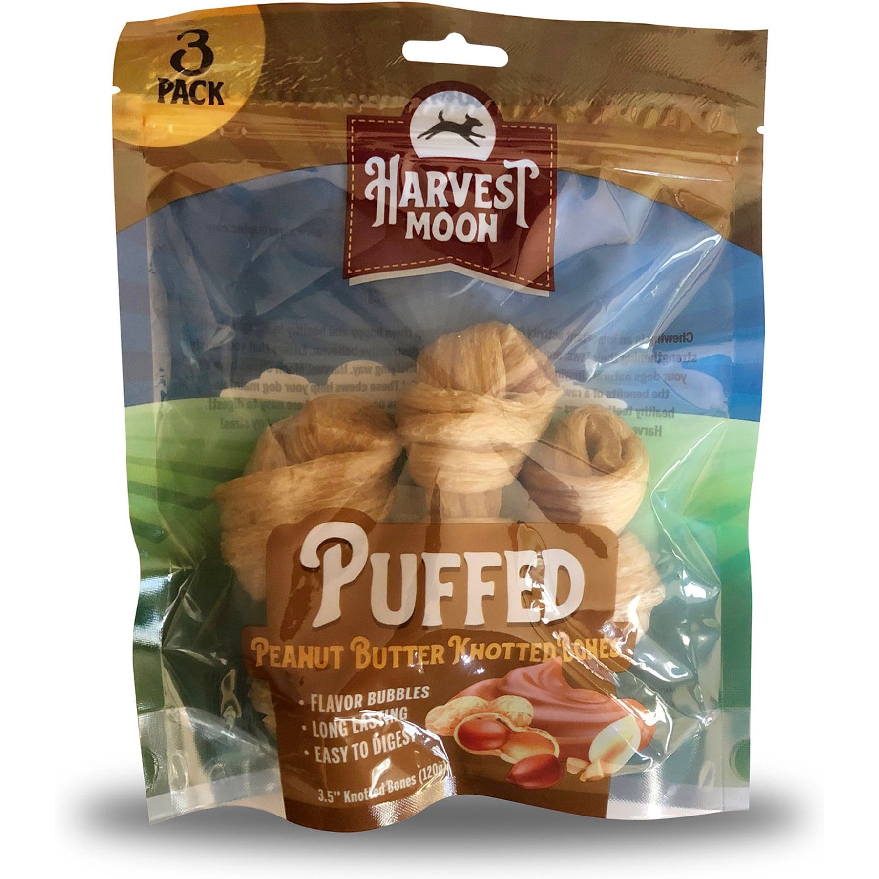 Harvest Moon Hide Free 3.5-inch Peanut Butter Puffed Knotted Bone Dog Hard Chew Treats, 3 count