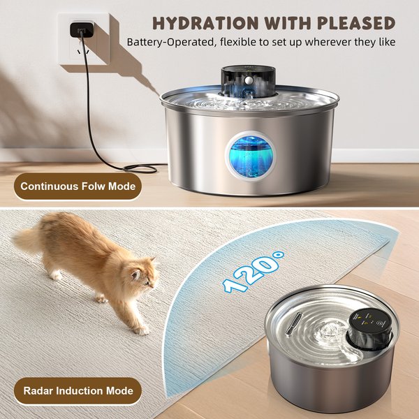 Casfuy SY-W19 Cordless Smart Motion Sensor Stainless Steel Dog & Cat Water Fountain, 119-oz