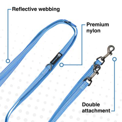 Show full view: Blue-9 Pet Products Reflective Multi-Function Double Attachment Hands-Free Dog Leash, Blue Ice, Medium/Large: 6-ft long, 1-in wide slide 3 of 9