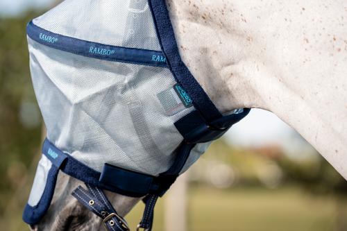 Show full view: Rambo Horse Fly Mask, Azure Blue with Navy & Electric Blue, Pony slide 2 of 4