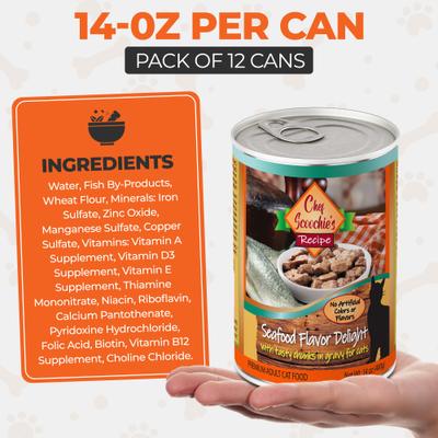 Show full view: Scoochie Pet Chef Scoochies Recipe with Real Seafood Chunks in Savory Gravy Wet Cat Food, 14-oz can, case of 12 slide 7 of 8
