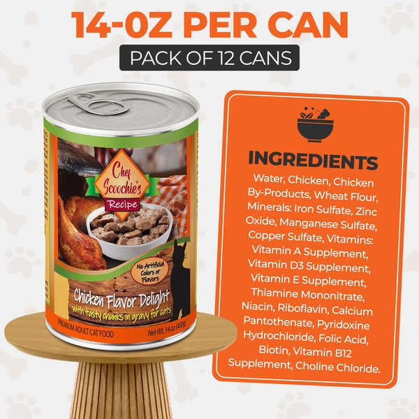 Scoochie Pet Chef Scoochies Recipe with Real Chicken Chunks in Savory Gravy Wet Cat Food, 14-oz can, case of 12