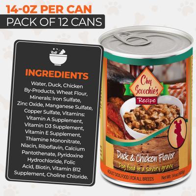 Show full view: Scoochie Pet Chef Scoochies Recipe with Real Duck & Chicken in Savory Gravy Wet Dog Food, 14-oz can, case of 12 slide 7 of 8