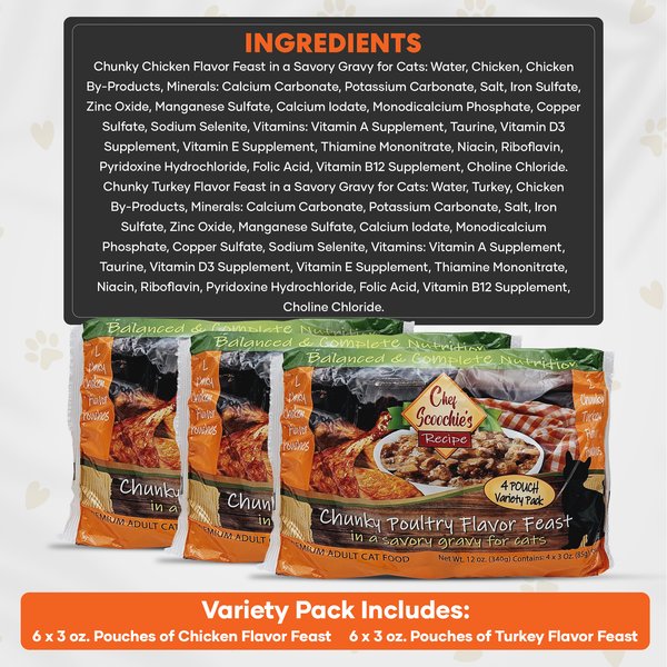 Scoochie Pet Chef Scoochies Recipe Variety Pack with Real Chunky Poultry in Savory Gravy Wet Cat Food Pouch, 12-oz, case of 12