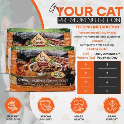 Show full view: Scoochie Pet Chef Scoochies Recipe Variety Pack with Real Chunky Poultry in Savory Gravy Wet Cat Food Pouch, 12-oz, case of 12 slide 5 of 8