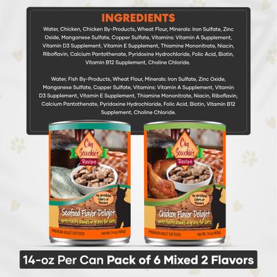 Show full view: Scoochie Pet Chef Scoochies Recipe Variety Pack with Real Chicken & Seafood in Savory Gravy Wet Cat Food, 14-oz can, case of 6 slide 7 of 8