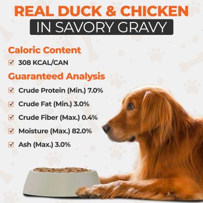 Show full view: Scoochie Pet Chef Scoochies Recipe Real Duck & Chicken in Savory Gravy Wet Dog Food, 14-oz can, case of 6 slide 6 of 8