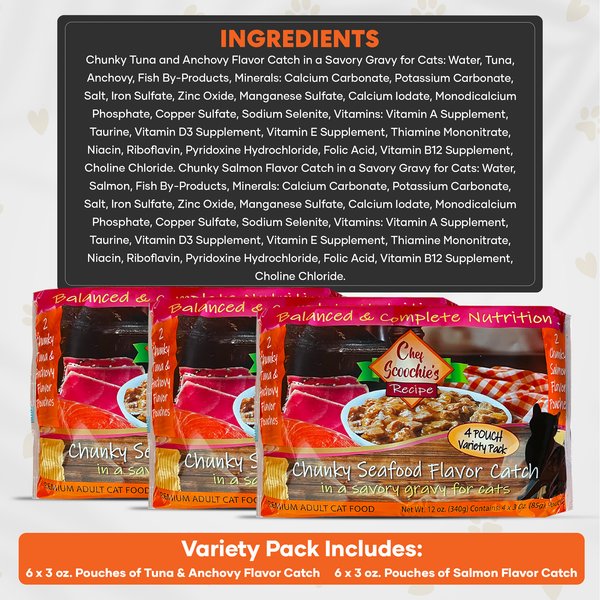Scoochie Pet Chef Scoochies Recipe Variety Pack with Real Chunky Poultry & Seafood in Savory Gravy Wet Cat Food, 12-oz pouch, case of 8
