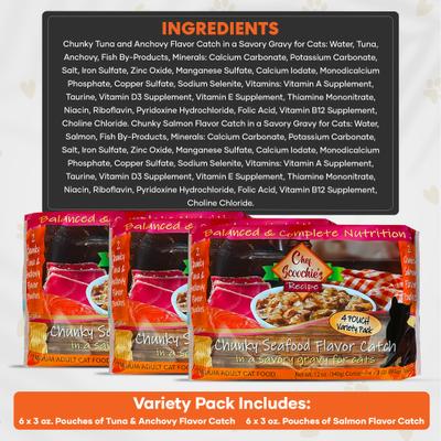Show full view: Scoochie Pet Chef Scoochies Recipe Variety Pack with Real Chunky Seafood in Savory Gravy Wet Cat Food, 12-oz pouch, case of 12 slide 7 of 8
