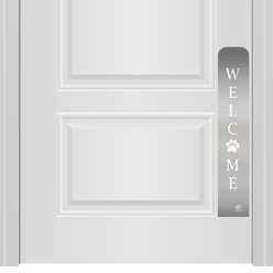 Deck the Door Decor Welcome Paw Print Engraved Dog & Cat Door Scratch Protection Plate, Satin Nickel, 6 x 22-in