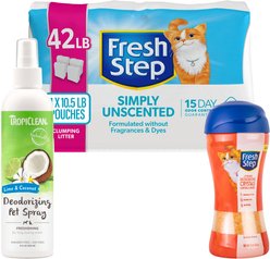 Starter Kit - Fresh Step Simply Unscented Clumping Clay Cat Litter, 10.5-lb bag, pack of 4 + 2 other items