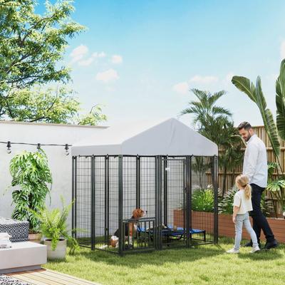 Show full view: PawHut Outdoor Dog Kennel with Adjustable Feeding Bowls slide 2 of 10